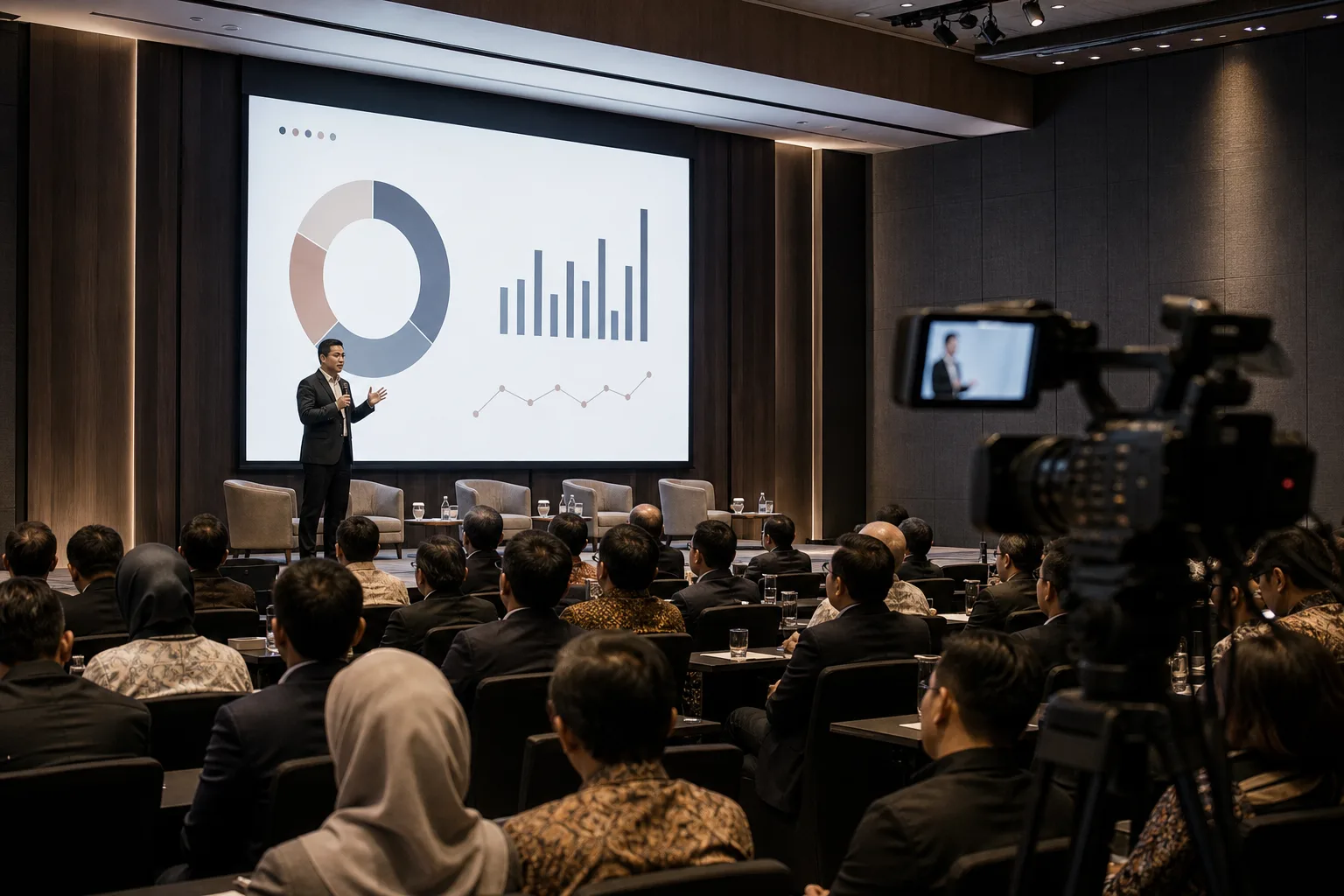 Kamera profesional merekam pembicara seminar