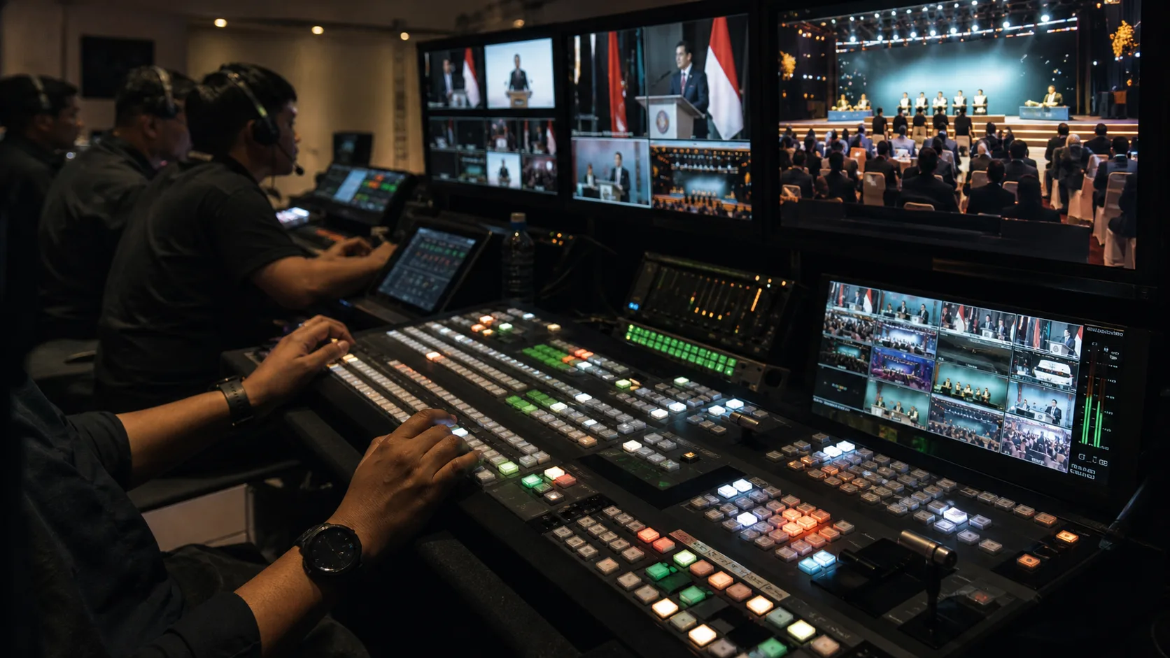 Operator mengendalikan video switcher dan monitor multi-camera